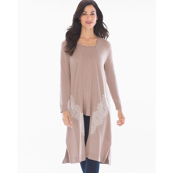 Soma Women's Long Knit Duster Cardigan Lace‎ Trim Pink Size Medium - Picture 4 of 9